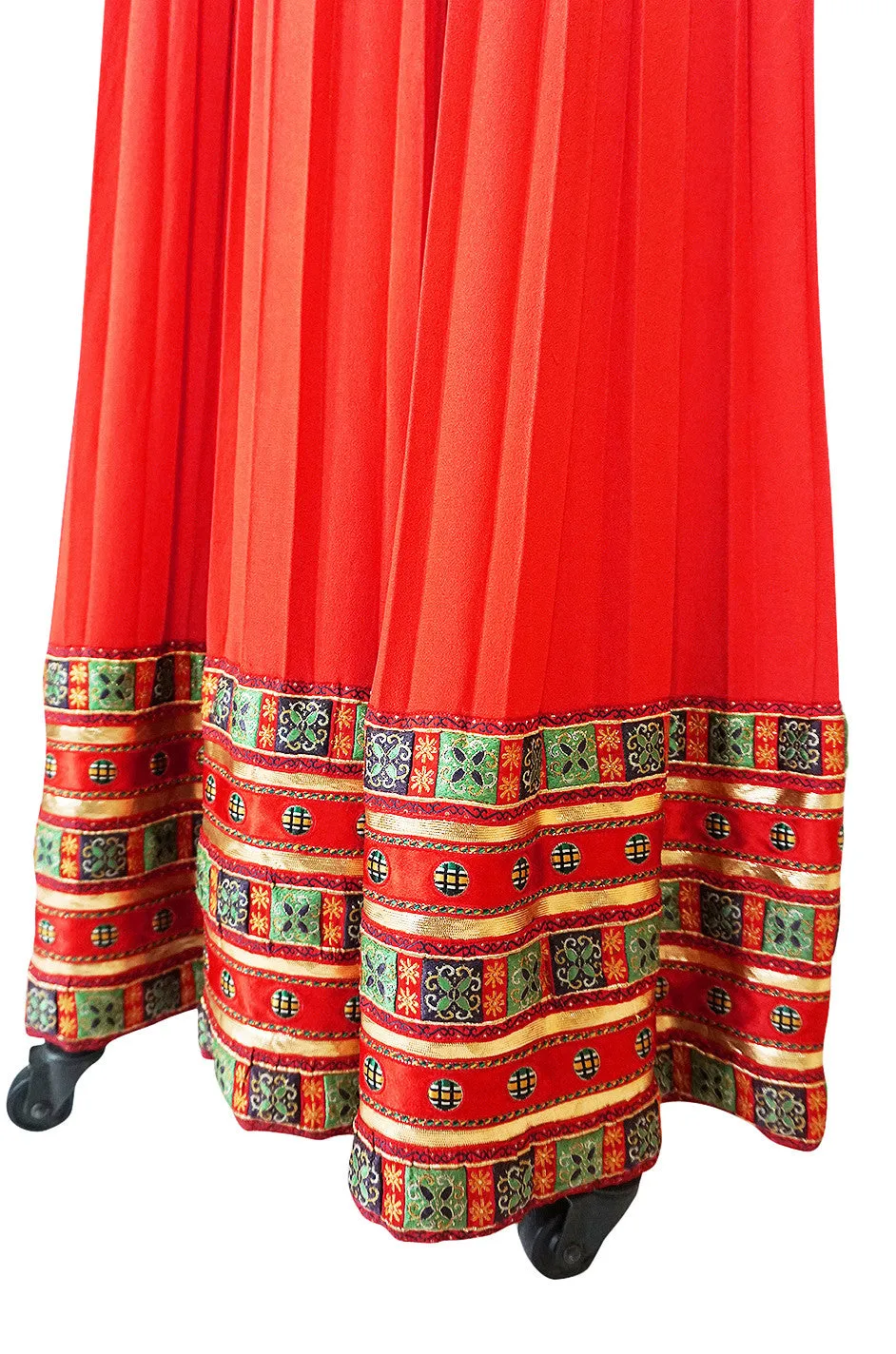 1970s Red Lanvin Demi-Couture Pleat & Silk Brocade Skirt
