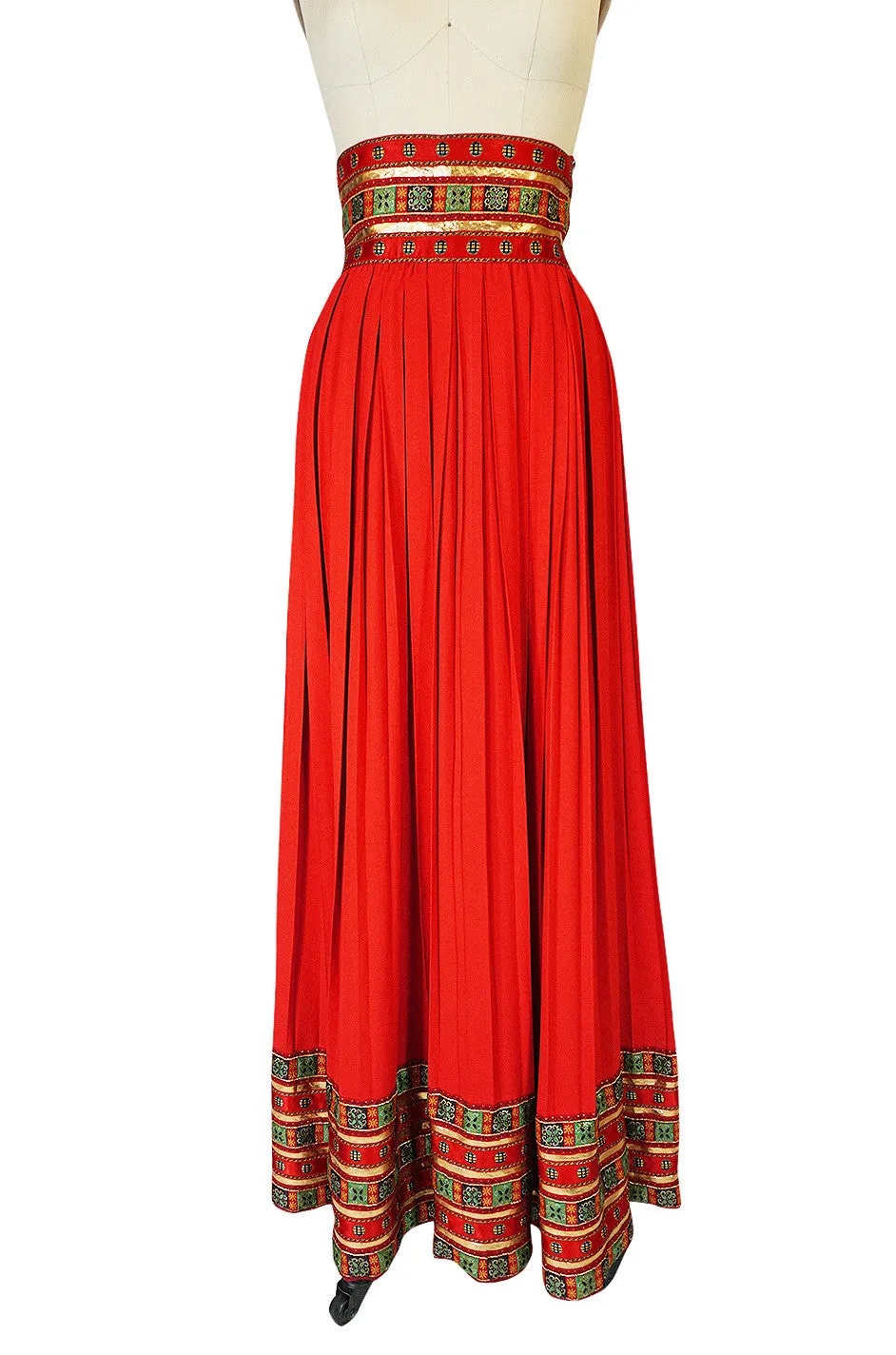 1970s Red Lanvin Demi-Couture Pleat & Silk Brocade Skirt