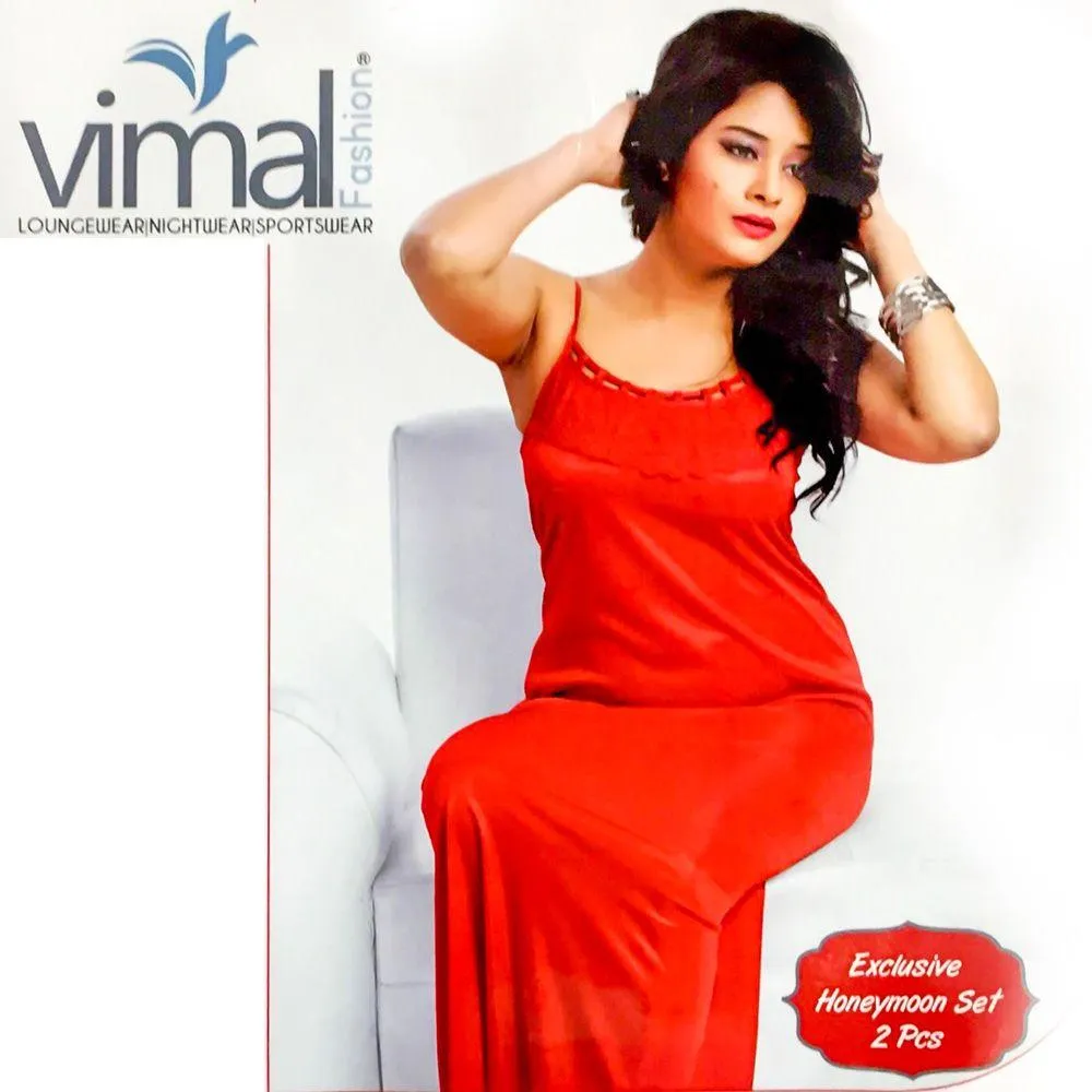 2 Pcs Wedding Nighty Set with Gown - V8055 - Satin Silk Nighty by Vimal Fashion