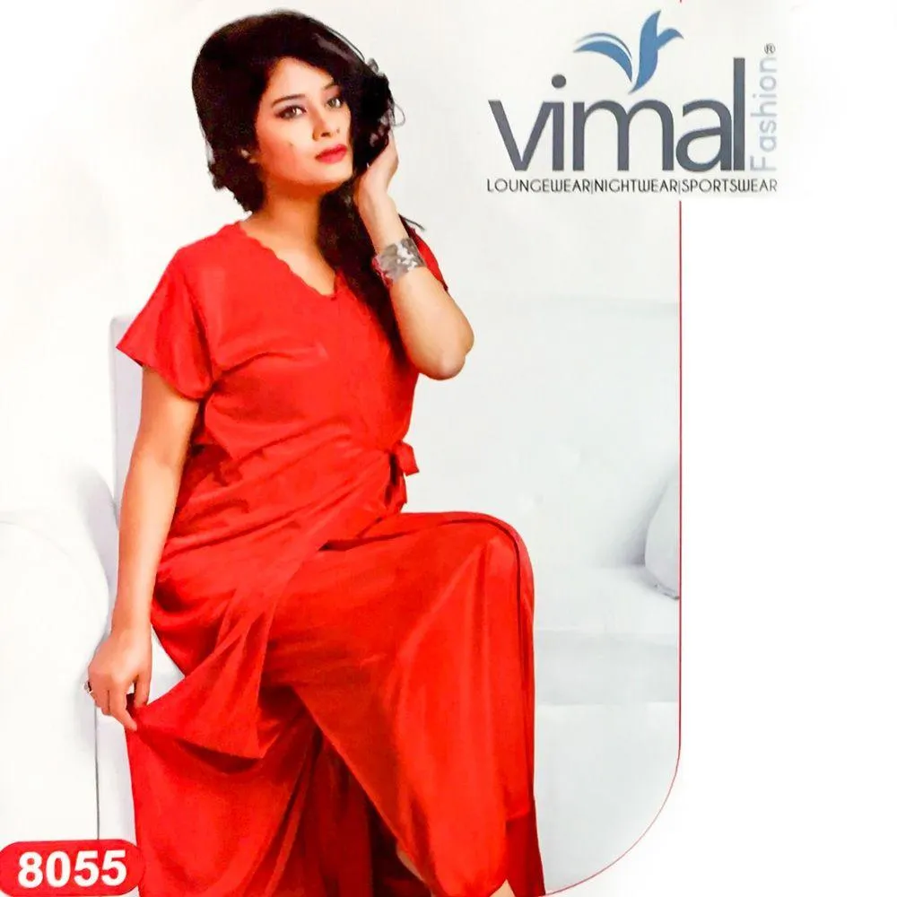 2 Pcs Wedding Nighty Set with Gown - V8055 - Satin Silk Nighty by Vimal Fashion