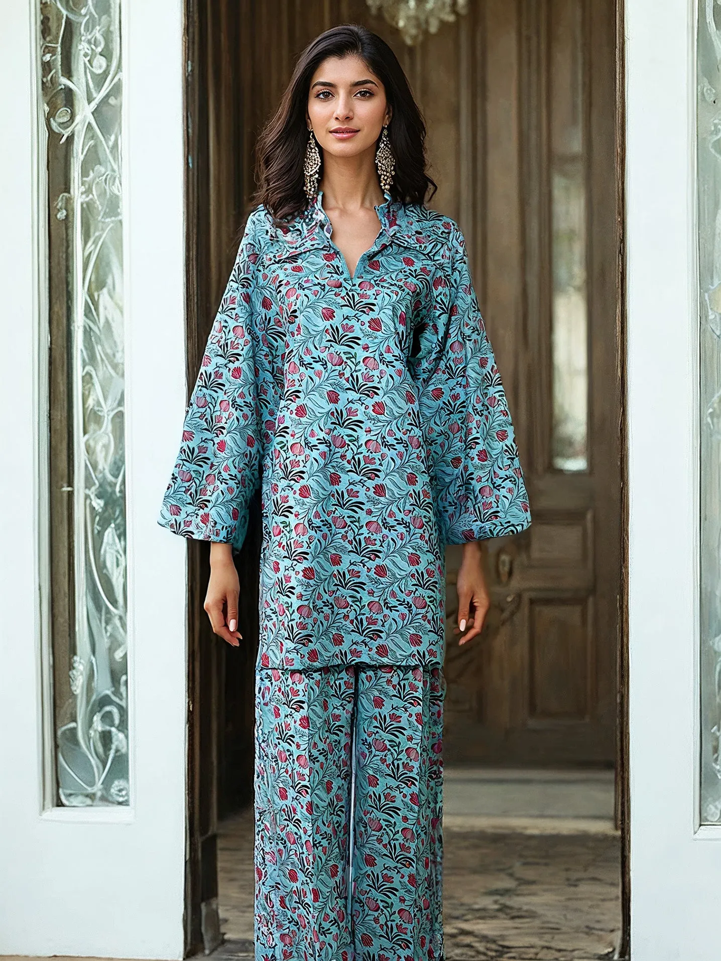 2 Piece Sky Blue Print Khaddar Suit (Unstitched)