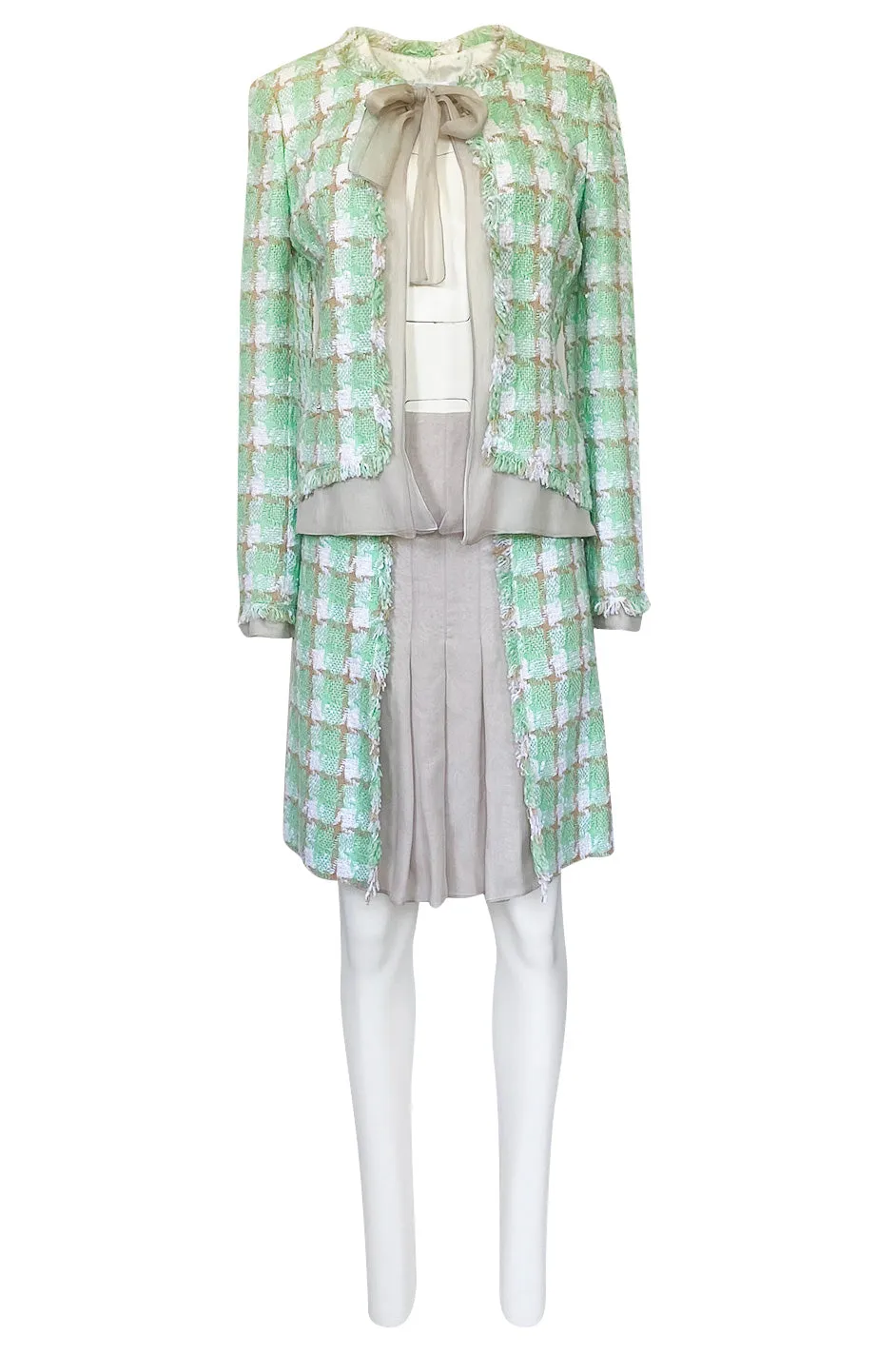 2004 Chanel Cruise Documented Mint Green Boucle & Silk Chiffon Suit