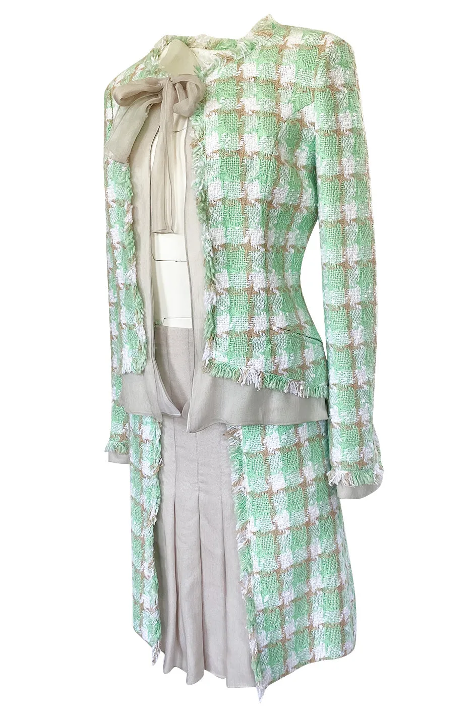 2004 Chanel Cruise Documented Mint Green Boucle & Silk Chiffon Suit