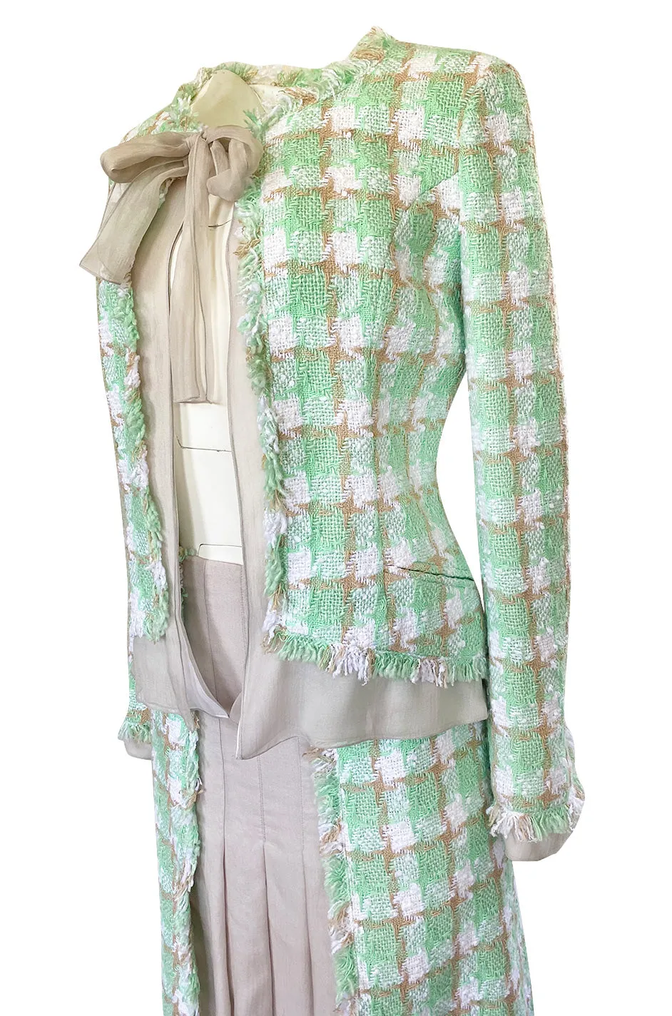 2004 Chanel Cruise Documented Mint Green Boucle & Silk Chiffon Suit