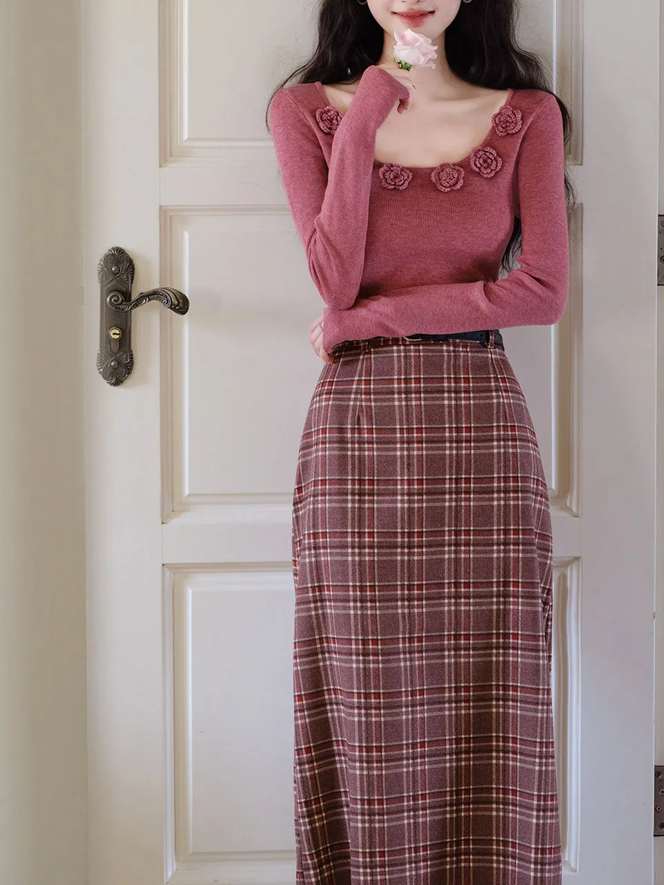 2PS Pink Rose Sweater And Plaid Straight  Skirt 1950s Vintage Audrey Hepburn's Style Outfits