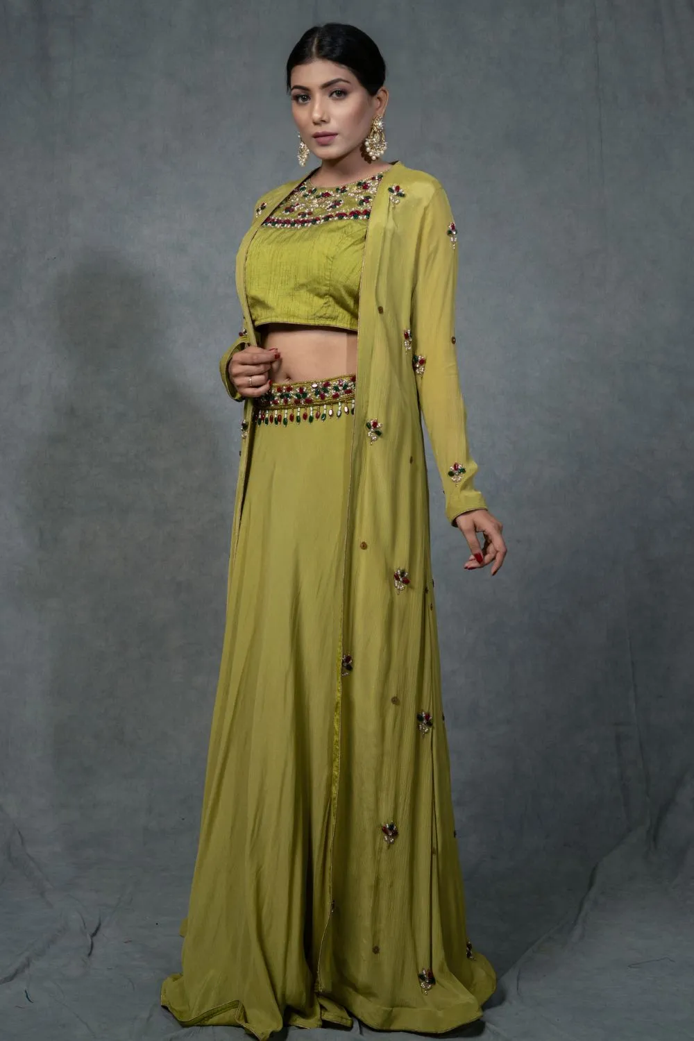 4 piece hand embroidered crop top skirt shrug set with belt