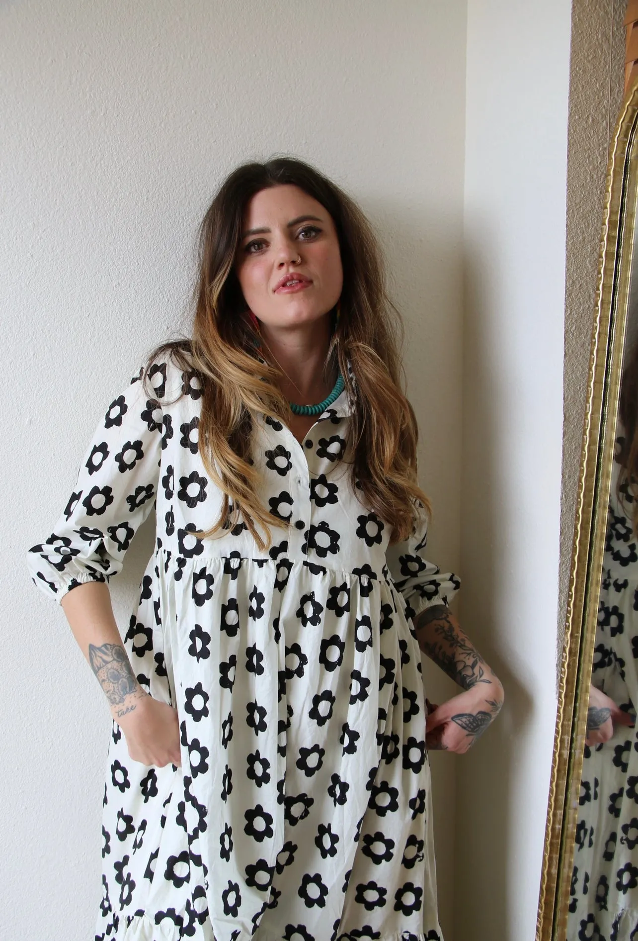 5462 BLACK & WHITE FLORAL COLLARED FROCK DRESS