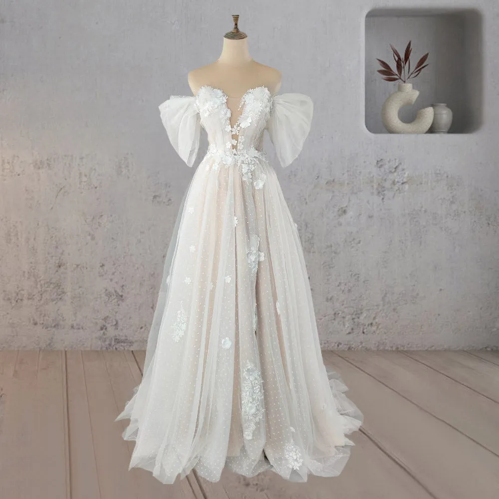 A-Line Floral Appliques Polka Dots Wedding Dress with Slit