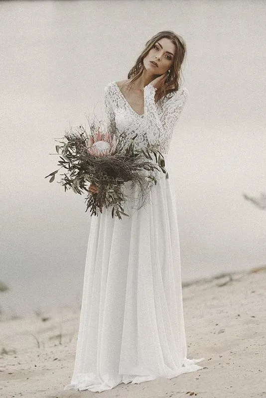 A line Long Sleeve V-back Boho Wedding Dress