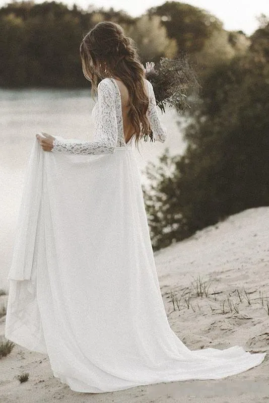 A line Long Sleeve V-back Boho Wedding Dress