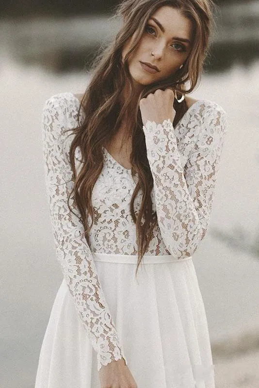 A line Long Sleeve V-back Boho Wedding Dress