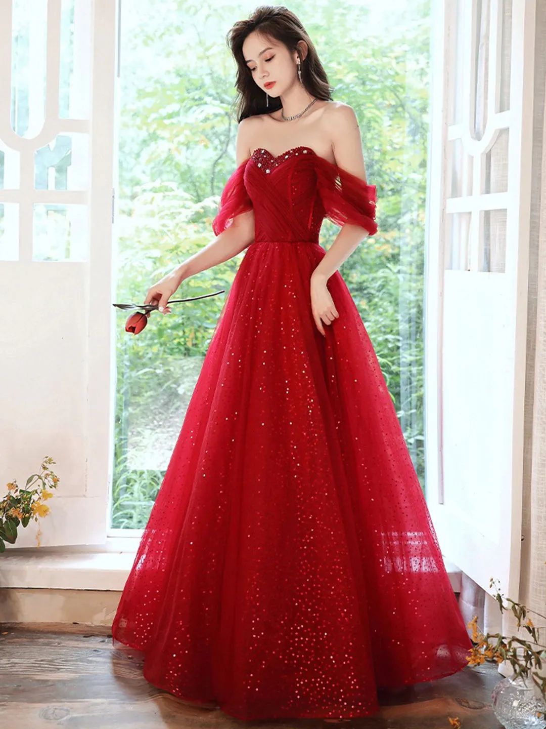 A-Line Off Shoulder Tulle Burgundy Long Prom Dress, Burgundy Long Formal Dress