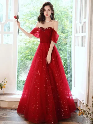 A-Line Off Shoulder Tulle Burgundy Long Prom Dress, Burgundy Long Formal Dress