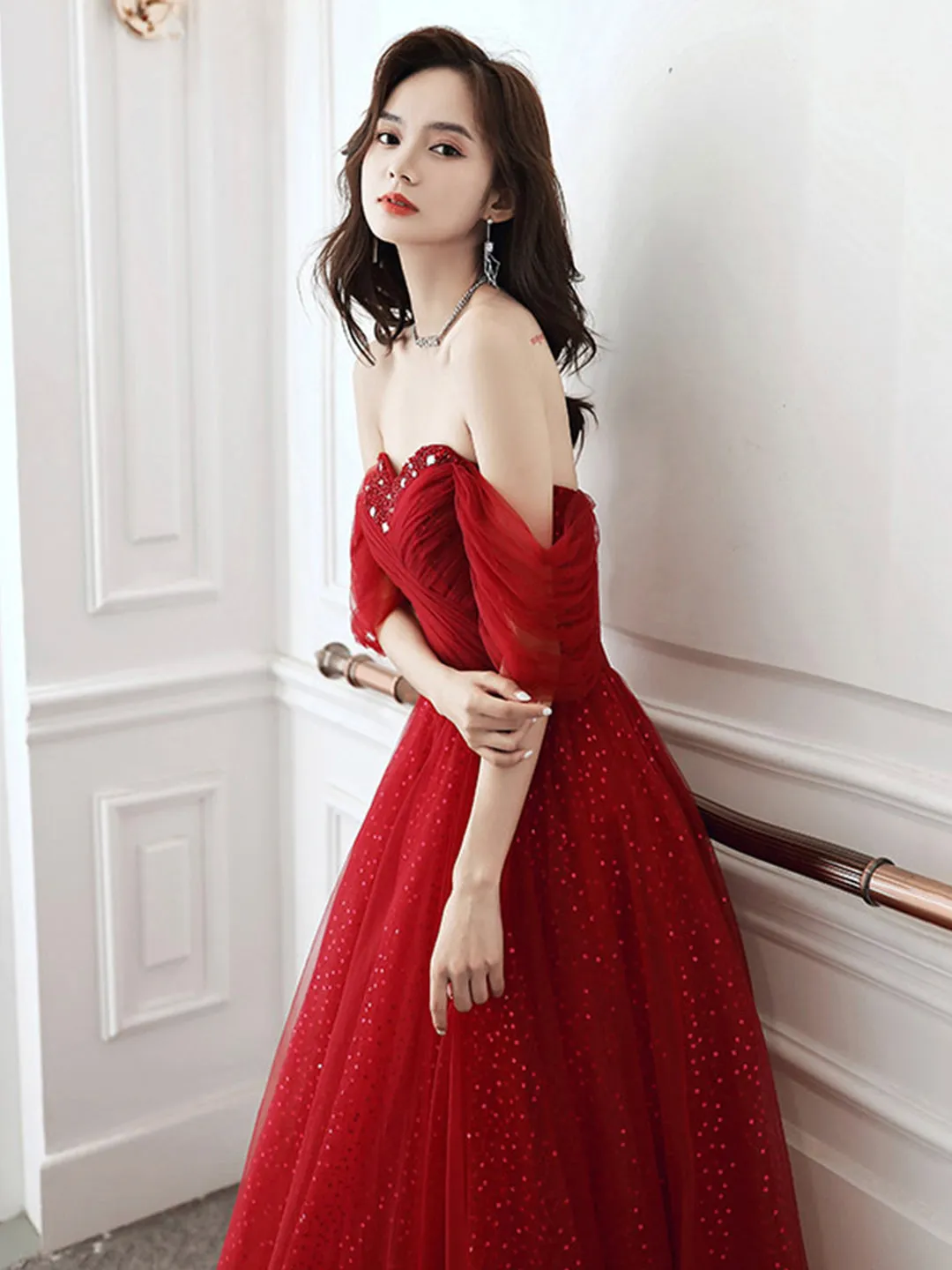 A-Line Off Shoulder Tulle Burgundy Long Prom Dress, Burgundy Long Formal Dress