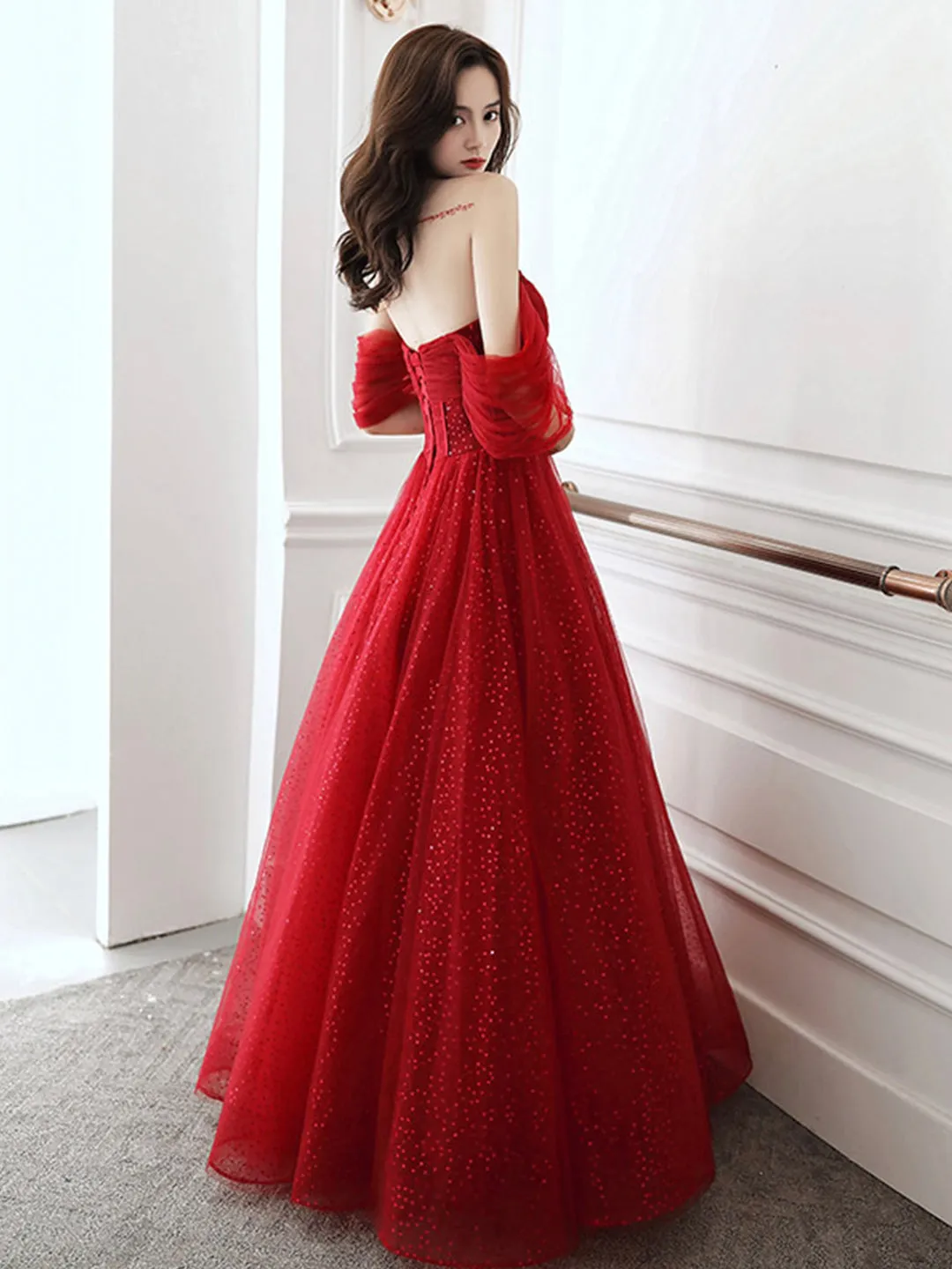 A-Line Off Shoulder Tulle Burgundy Long Prom Dress, Burgundy Long Formal Dress