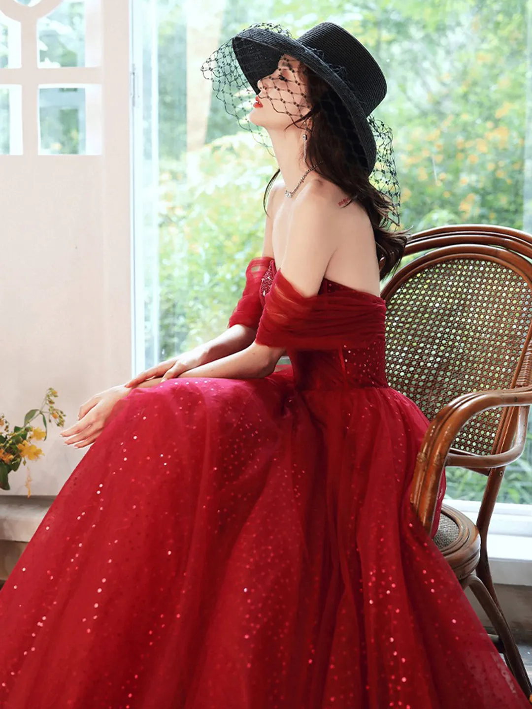 A-Line Off Shoulder Tulle Burgundy Long Prom Dress, Burgundy Long Formal Dress