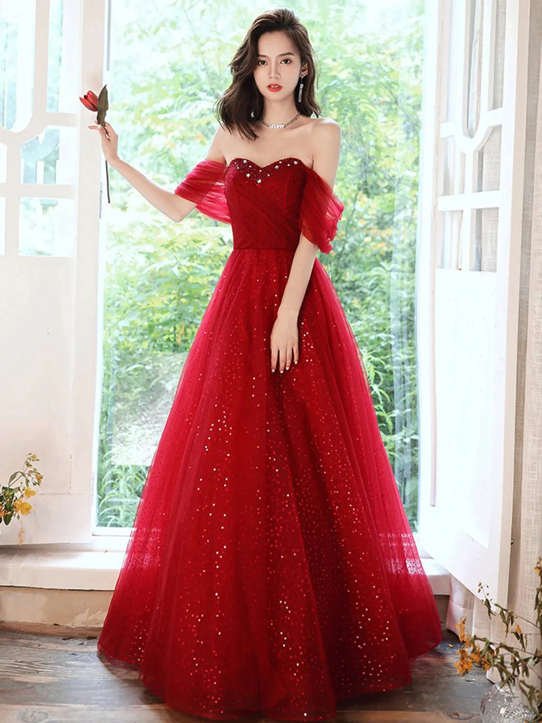 A-Line Off Shoulder Tulle Burgundy Long Prom Dress, Burgundy Long Formal Dress