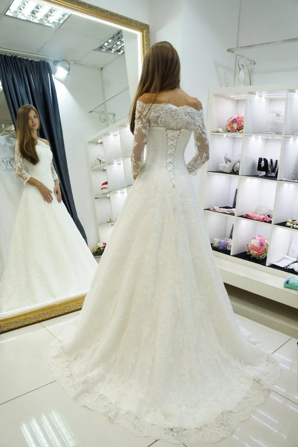A-line Off-the-shoulder Lace Bridal Gown 3/4 Sleeves vestido de novia