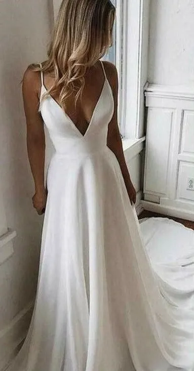 A line Spaghetti Straps Sexy Back Wedding Dress