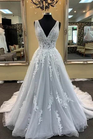 A-line V-neck Pure White Appliqued Wedding Gown Sweep Train Wedding Dress,MW326