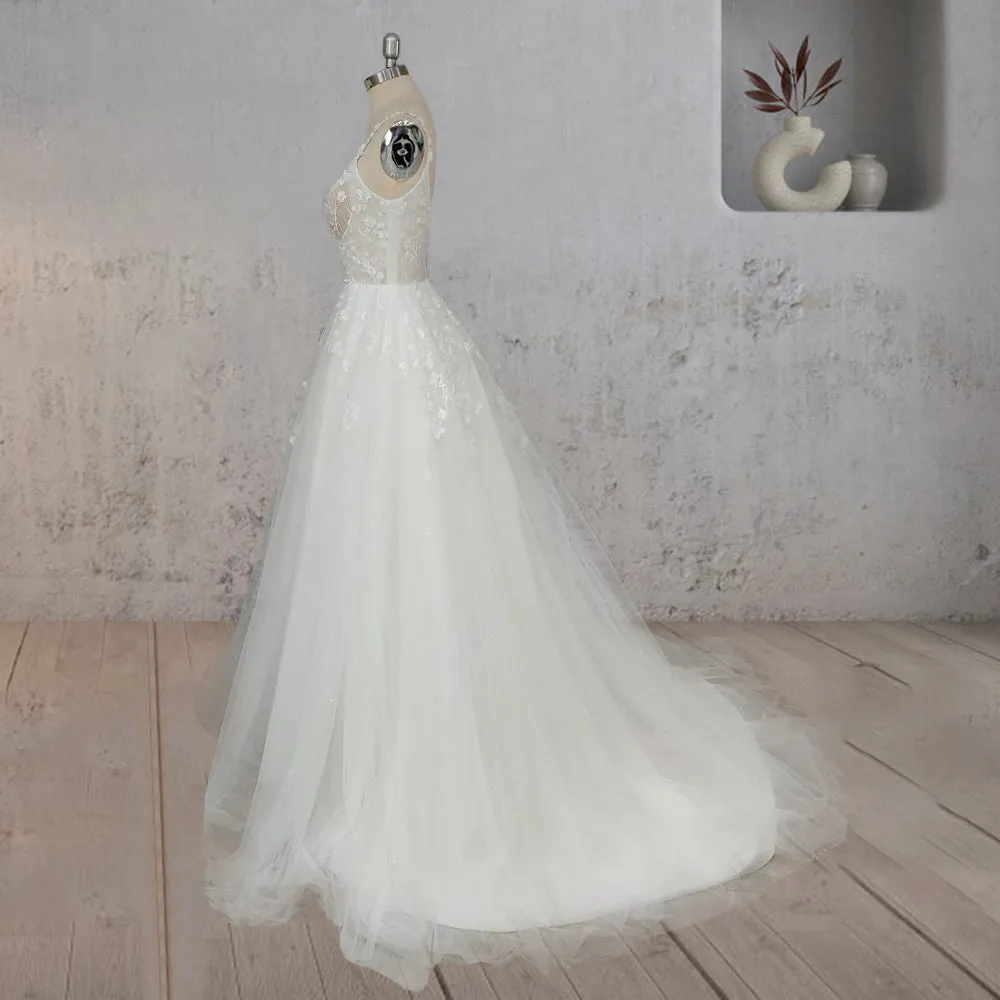 A-Line White Flower Appliqued Tulle Wedding Dress