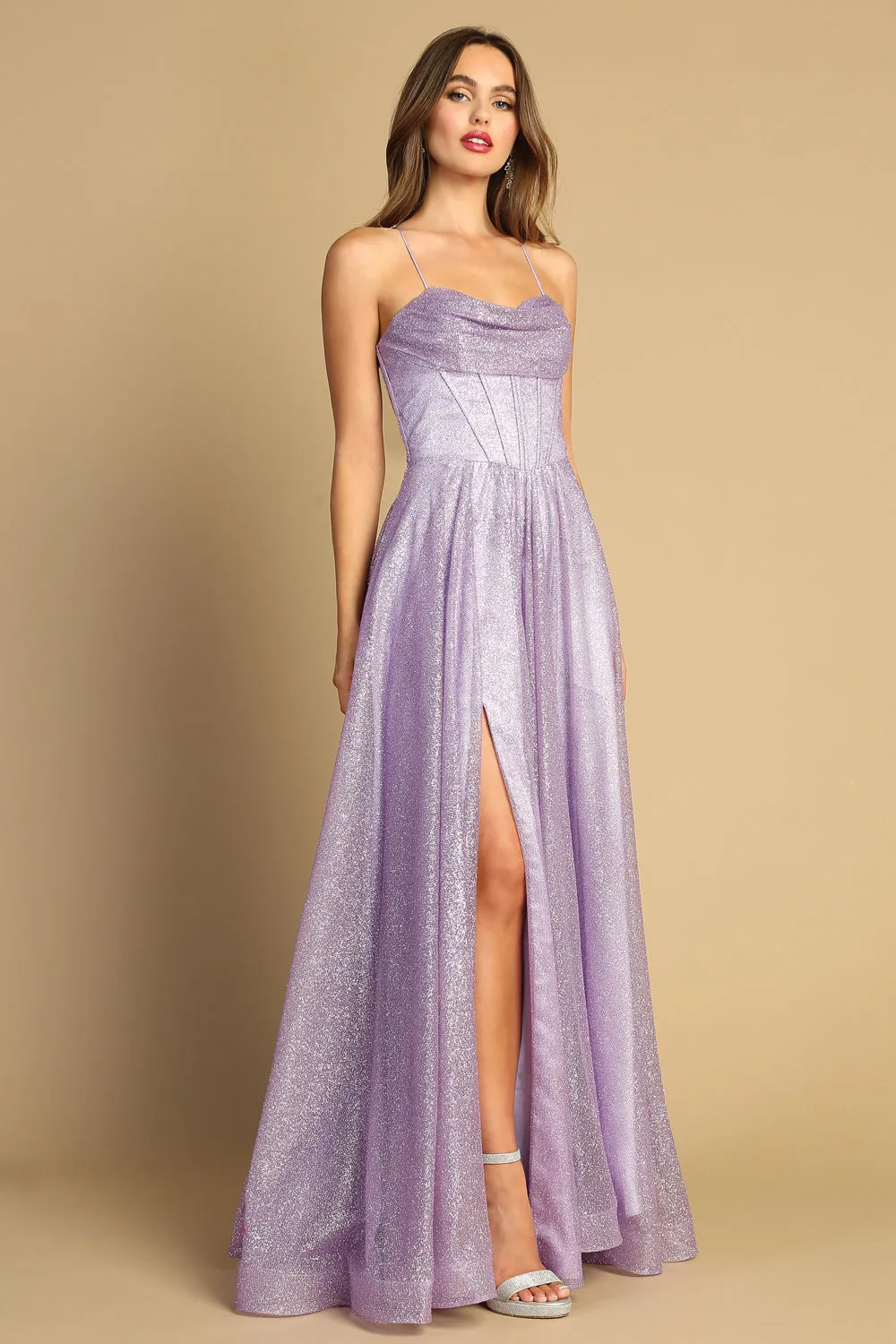AD 3170 -  Glittery Ball Gown with Gathered V-Neck Bodice Open Lace Up Corset Back & Side Pockets