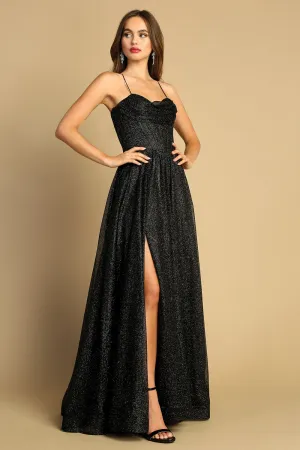 AD 3170 -  Glittery Ball Gown with Gathered V-Neck Bodice Open Lace Up Corset Back & Side Pockets