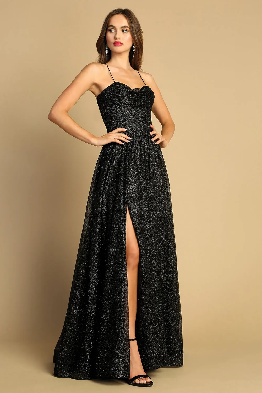 AD 3170 -  Glittery Ball Gown with Gathered V-Neck Bodice Open Lace Up Corset Back & Side Pockets