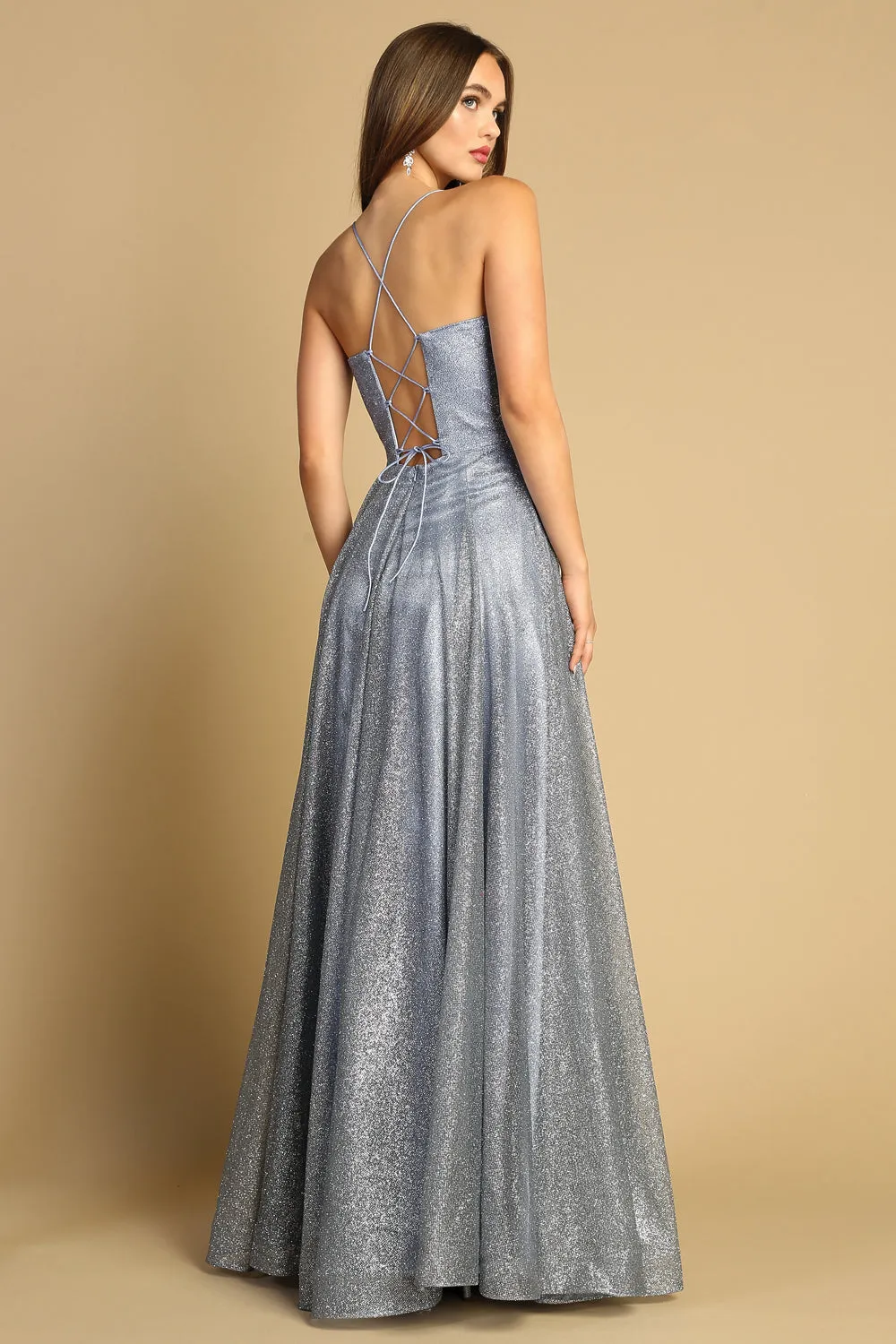 AD 3170 -  Glittery Ball Gown with Gathered V-Neck Bodice Open Lace Up Corset Back & Side Pockets