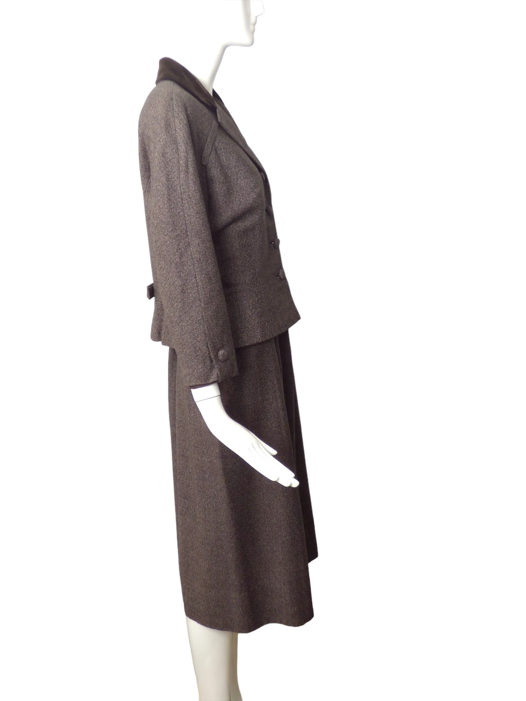 ADELE SIMPSON- 1950s Grey Wool & Velvet Skirt Suit, Size 8