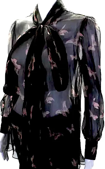 Alexander McQueen UK. Black Butterfly Print Tie Front Sheer Blouse