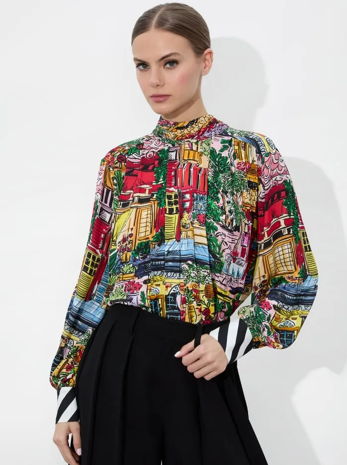 Alice   Olivia Gertrude Tie Neck Blouse in Vacation Dreams