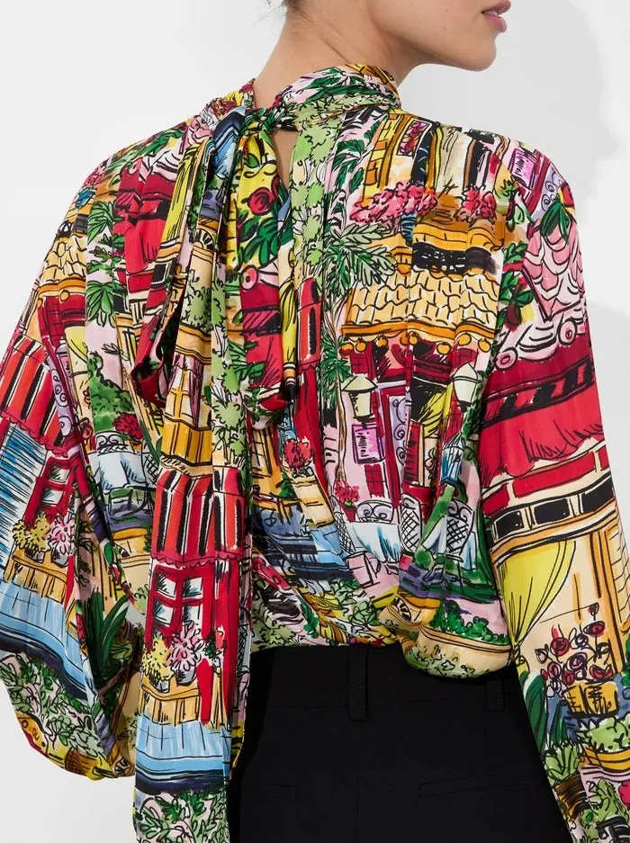 Alice   Olivia Gertrude Tie Neck Blouse in Vacation Dreams