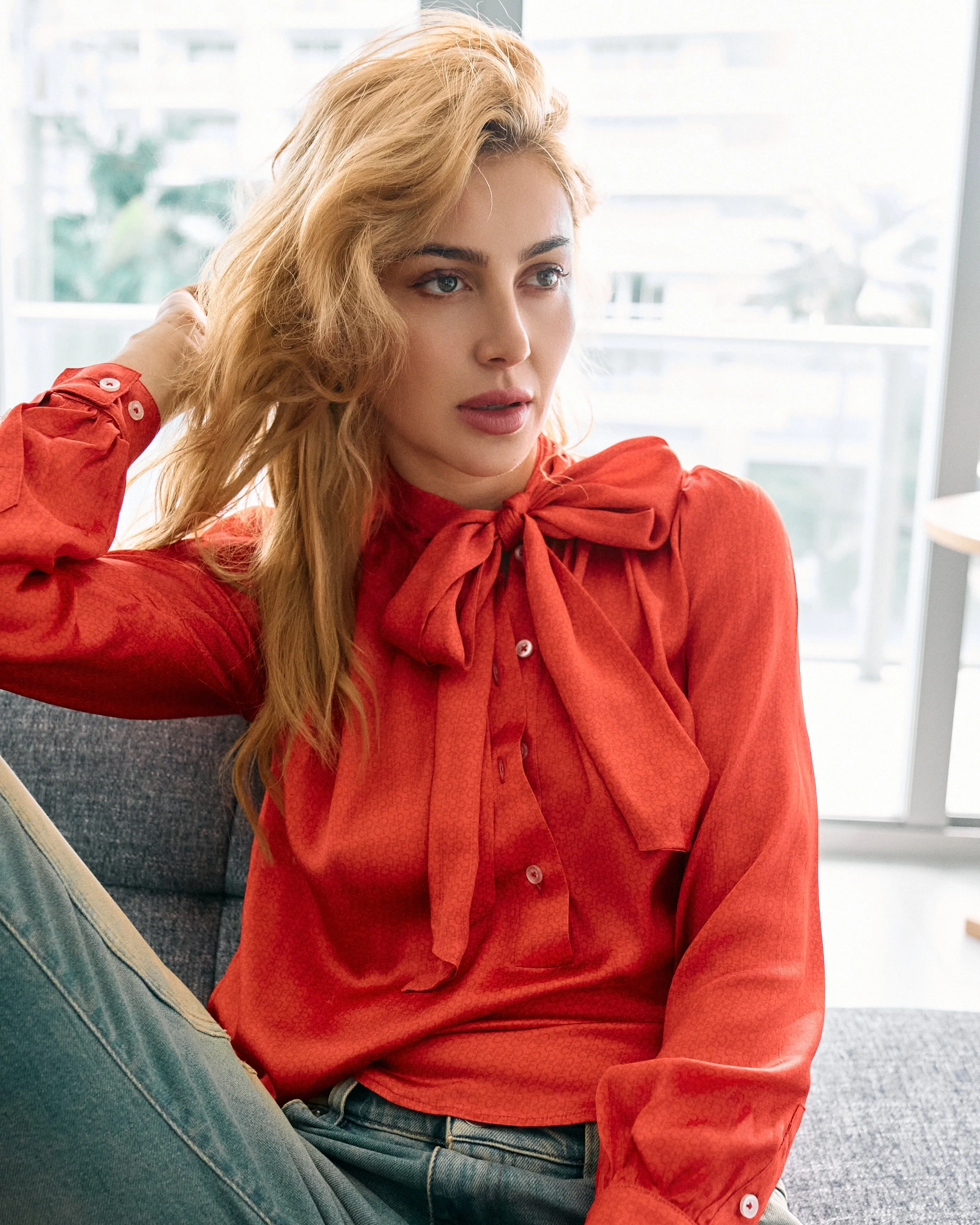 ALTA MODA MIAMI STRETCH SILK MONOGRAM BLOUSE