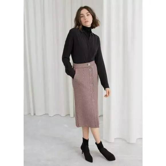 &amp; Other Stories Houndstooth Print Midi Pencil Skirt Pink Black Button Front 4