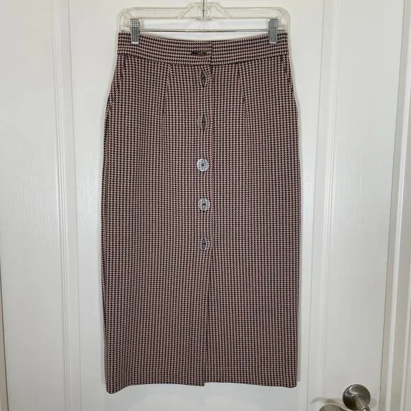 &amp; Other Stories Houndstooth Print Midi Pencil Skirt Pink Black Button Front 4