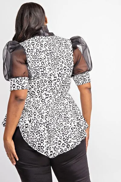 Animal Print Balloon Sleeve Peplum Top