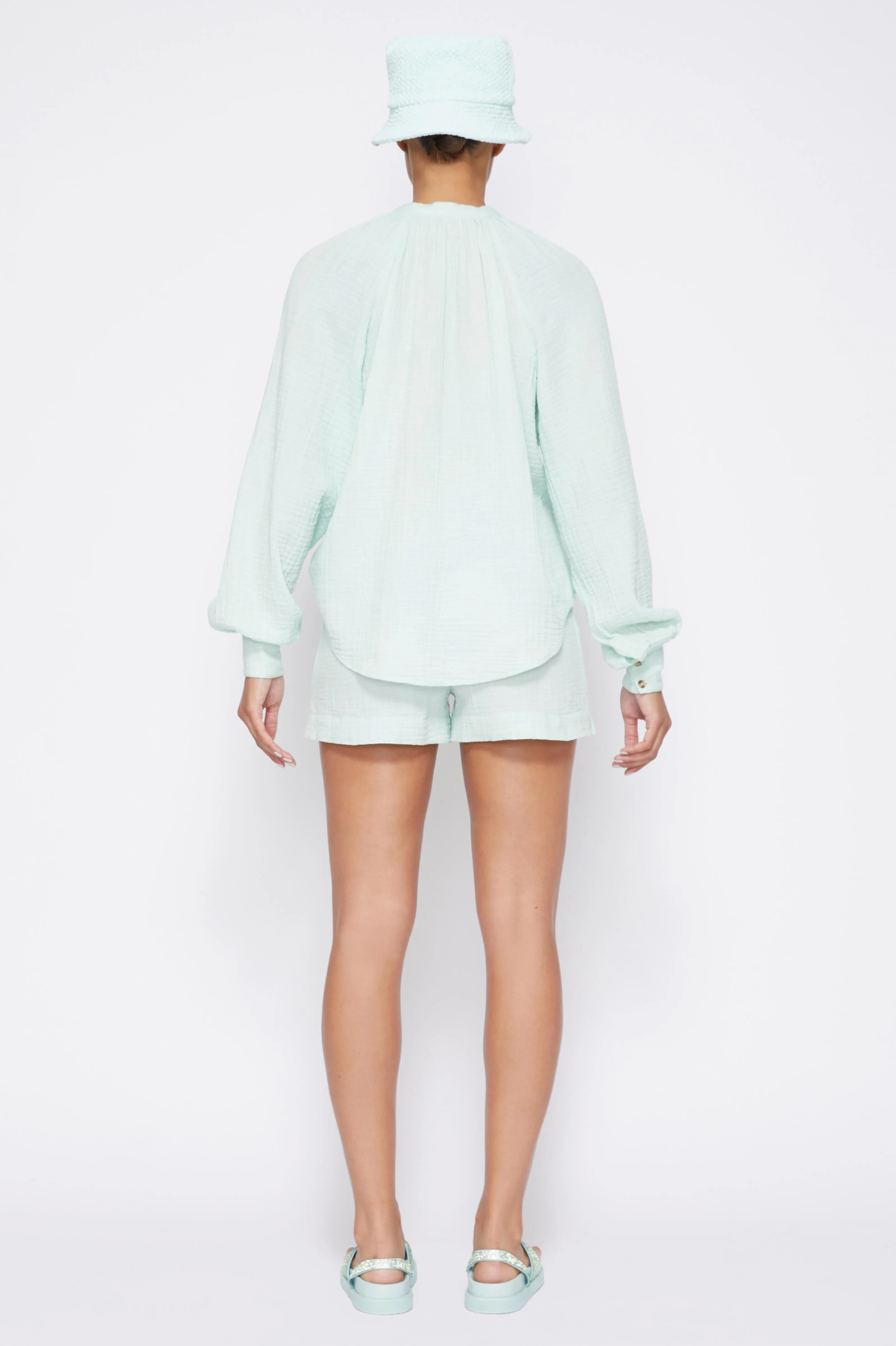 Anneka Organic Cotton Gauze Relaxed Tie Front Blouse - Seafoam
