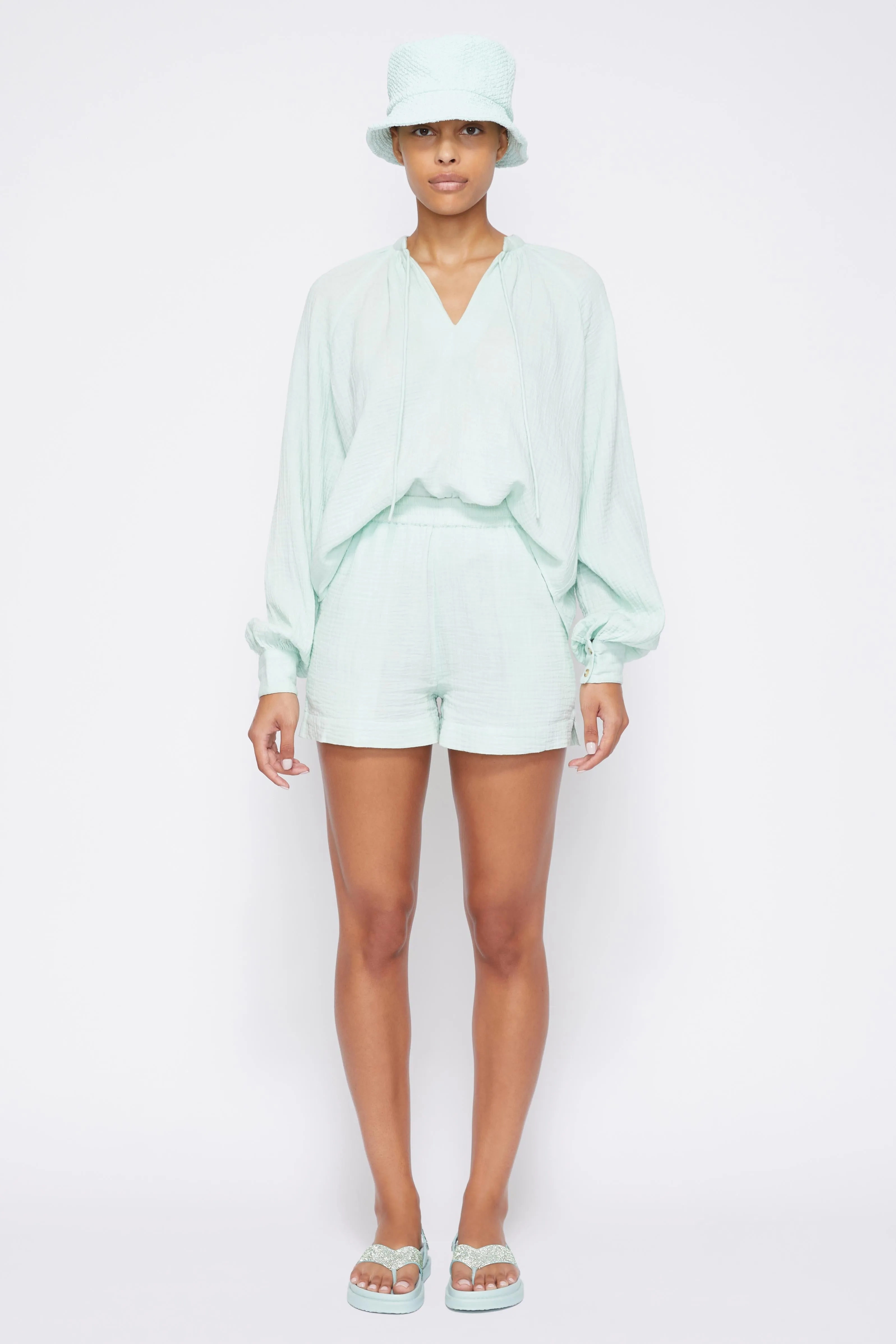 Anneka Organic Cotton Gauze Relaxed Tie Front Blouse - Seafoam