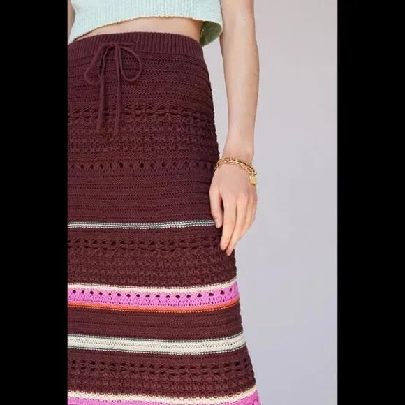 Anthropologie Maeve Crochet Midi Stripe Tie Waist Brown Motif Skirt size small