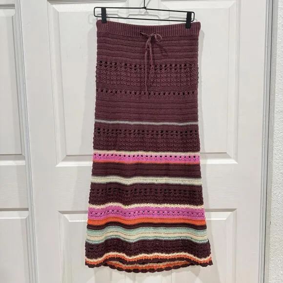 Anthropologie Maeve Crochet Midi Stripe Tie Waist Brown Motif Skirt size small