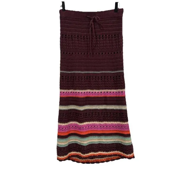 Anthropologie Maeve Crochet Midi Stripe Tie Waist Brown Motif Skirt size small