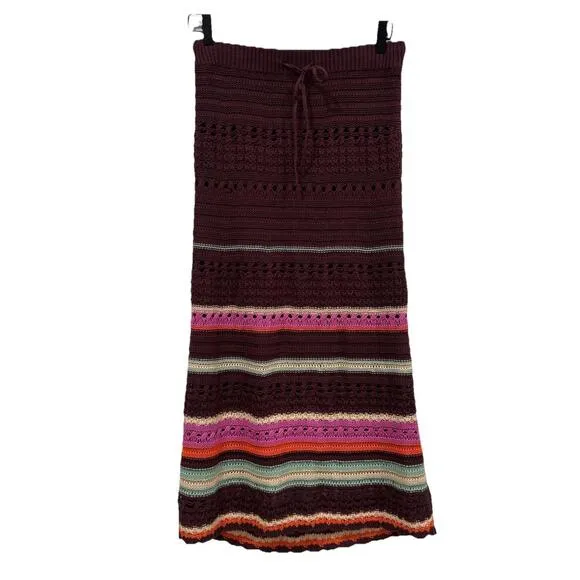 Anthropologie Maeve Crochet Midi Stripe Tie Waist Brown Motif Skirt size small