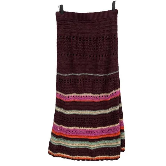 Anthropologie Maeve Crochet Midi Stripe Tie Waist Brown Motif Skirt size small