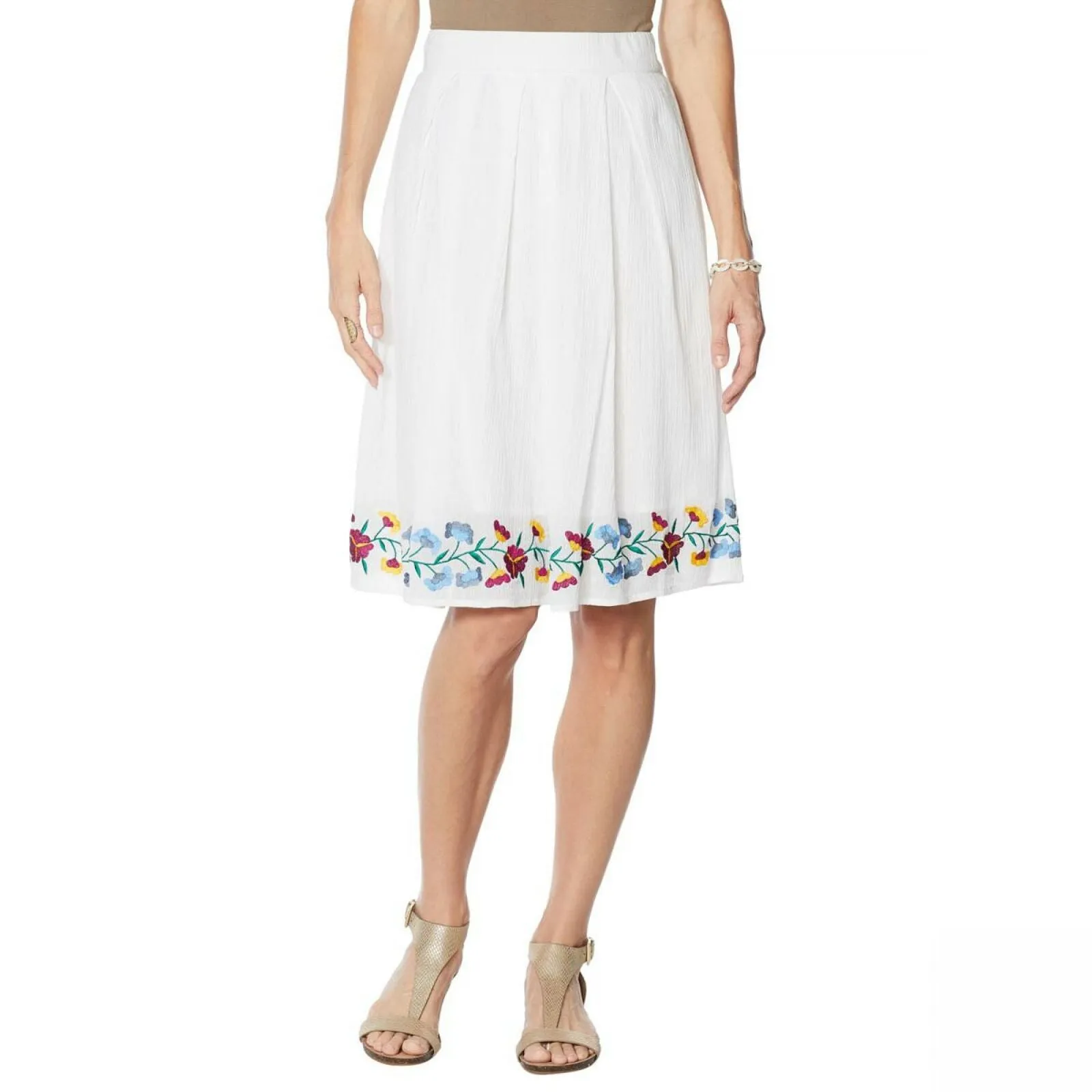 Antthony Mexicali Embroidered Floral Cotton Gauze Box Pleat Skirt White XL