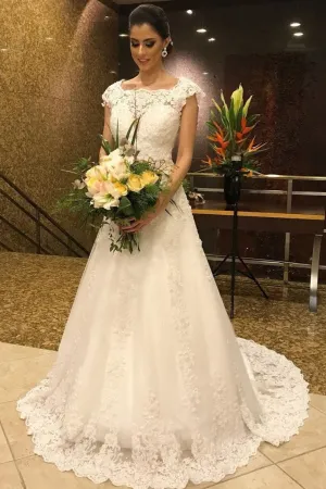 Appliques Lace Bride Modest Wedding Dresses Cap Sleeves