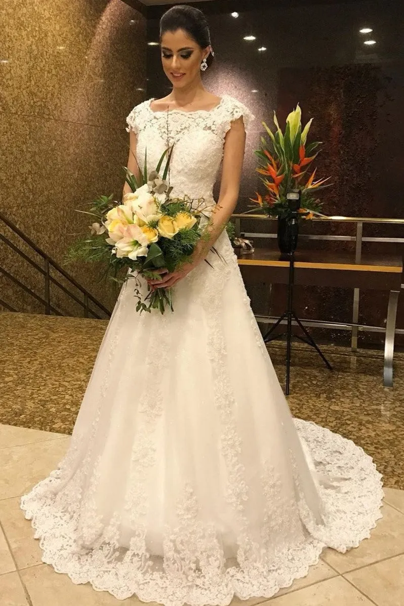 Appliques Lace Bride Modest Wedding Dresses Cap Sleeves