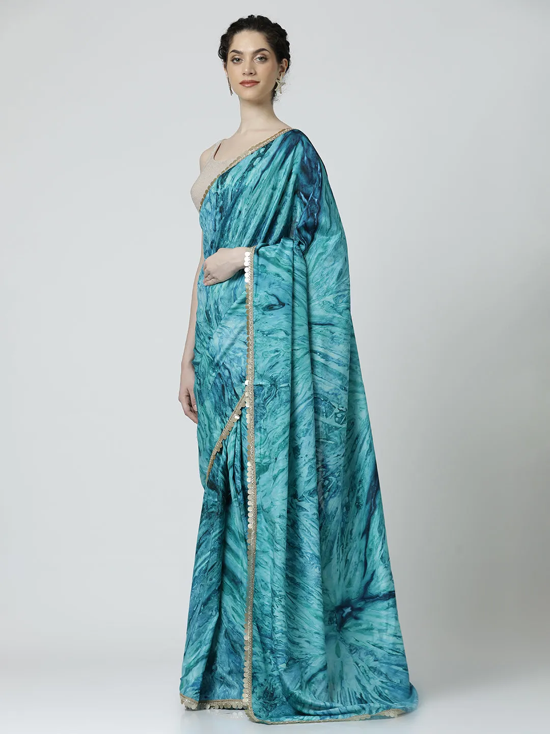 Aqua Blue Embellished Satin Tie-Dye Saree