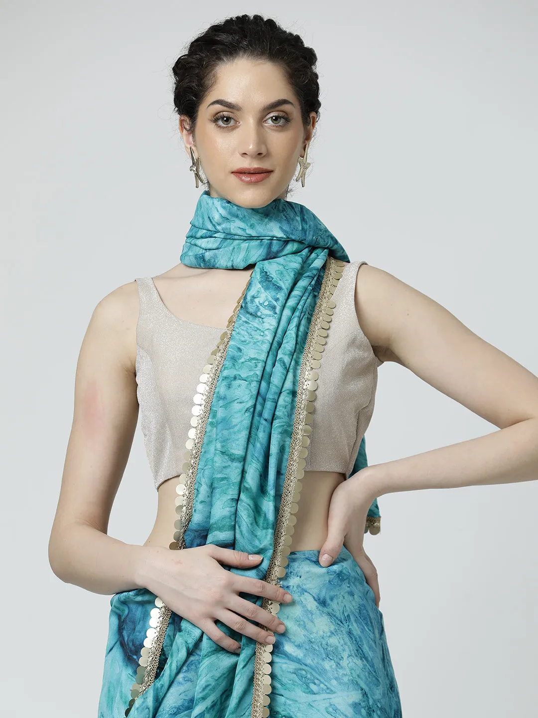 Aqua Blue Embellished Satin Tie-Dye Saree