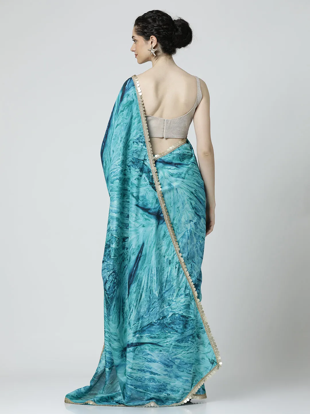 Aqua Blue Embellished Satin Tie-Dye Saree